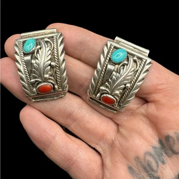 NFS ON HOLD Vintage Sterling Silver Navajo Signed Turquoise Coral Watch Tips - Picture 2 of 6